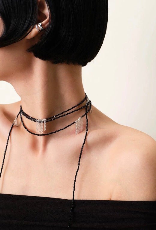 Convertible Black Spinel Tassel Long Necklace - floysun