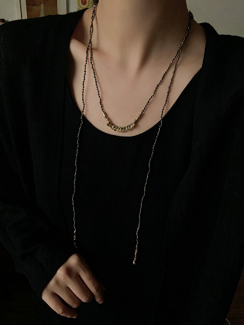 Convertible Tourmaline, Pyrite & Hematite Long Tassel Necklace - floysun