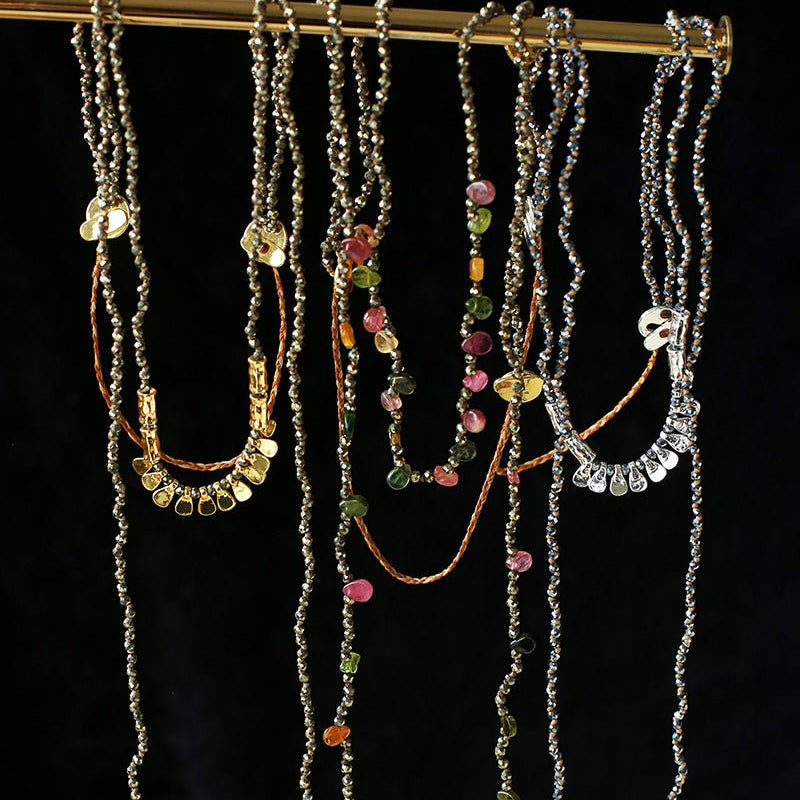 Convertible Tourmaline, Pyrite & Hematite Long Tassel Necklace - floysun