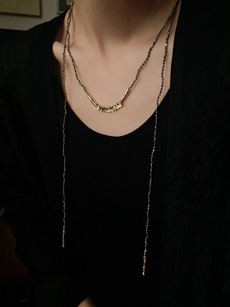 Convertible Tourmaline, Pyrite & Hematite Long Tassel Necklace - floysun