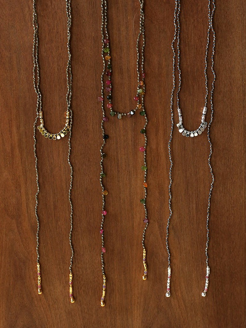 Convertible Tourmaline, Pyrite & Hematite Long Tassel Necklace - floysun