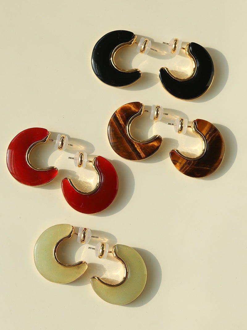 Crescent Moon Semi - Circle Natural Stone Earrings - floysun