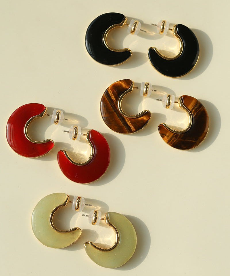 Crescent Moon Semi - Circle Natural Stone Earrings - floysun