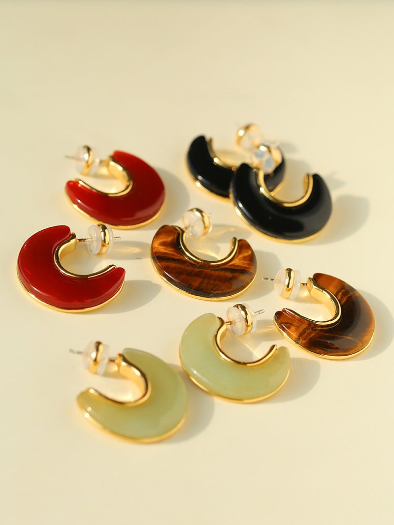 Crescent Moon Semi - Circle Natural Stone Earrings - floysun