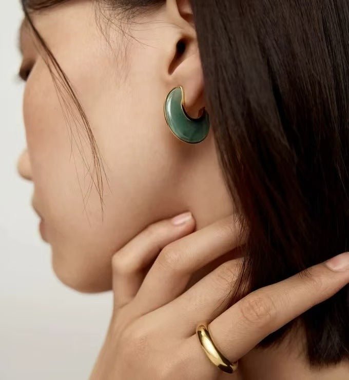 Crescent Moon Semi - Circle Natural Stone Earrings - floysun