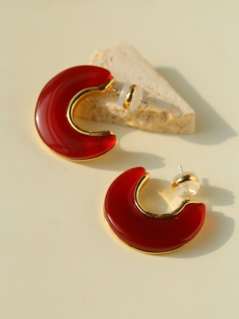 Crescent Moon Semi - Circle Natural Stone Earrings - floysun