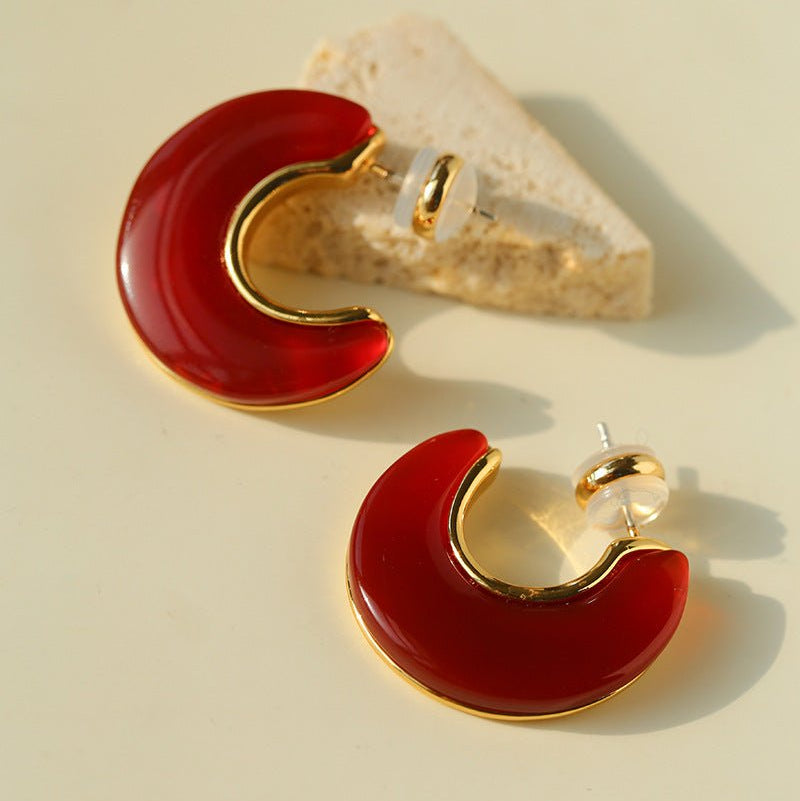 Crescent Moon Semi - Circle Natural Stone Earrings - floysun