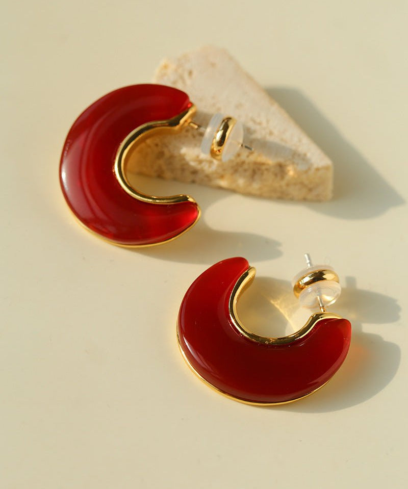 Crescent Moon Semi - Circle Natural Stone Earrings - floysun