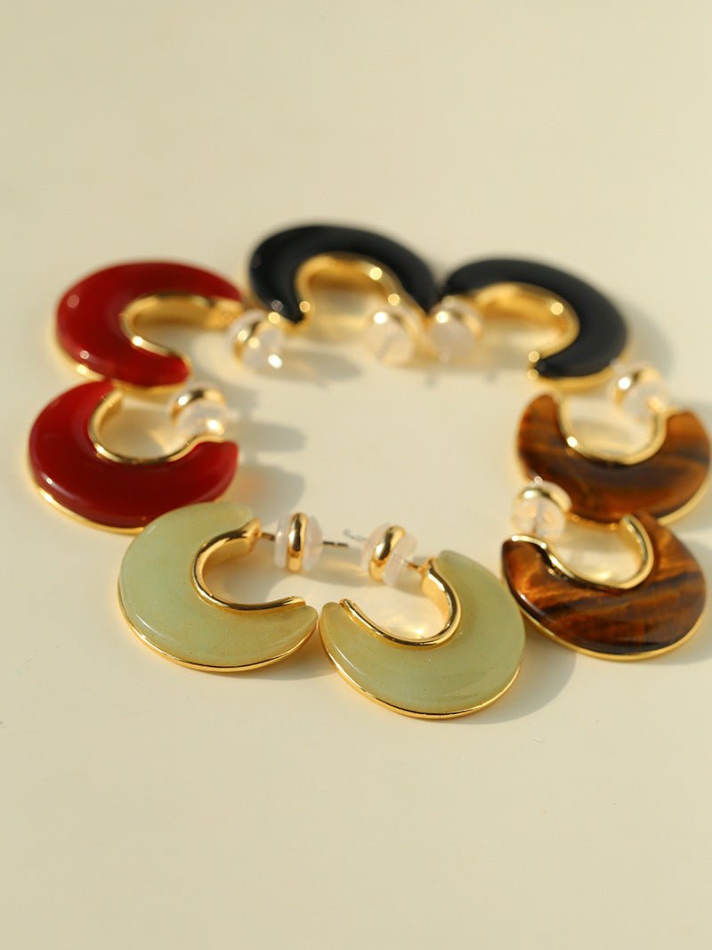 Crescent Moon Semi - Circle Natural Stone Earrings - floysun