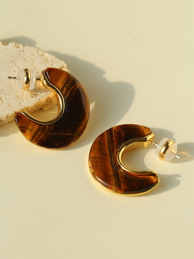 Crescent Moon Semi - Circle Natural Stone Earrings - floysun