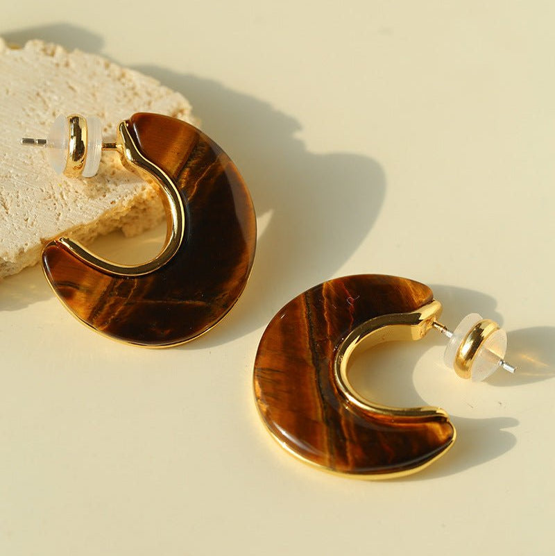 Crescent Moon Semi - Circle Natural Stone Earrings - floysun