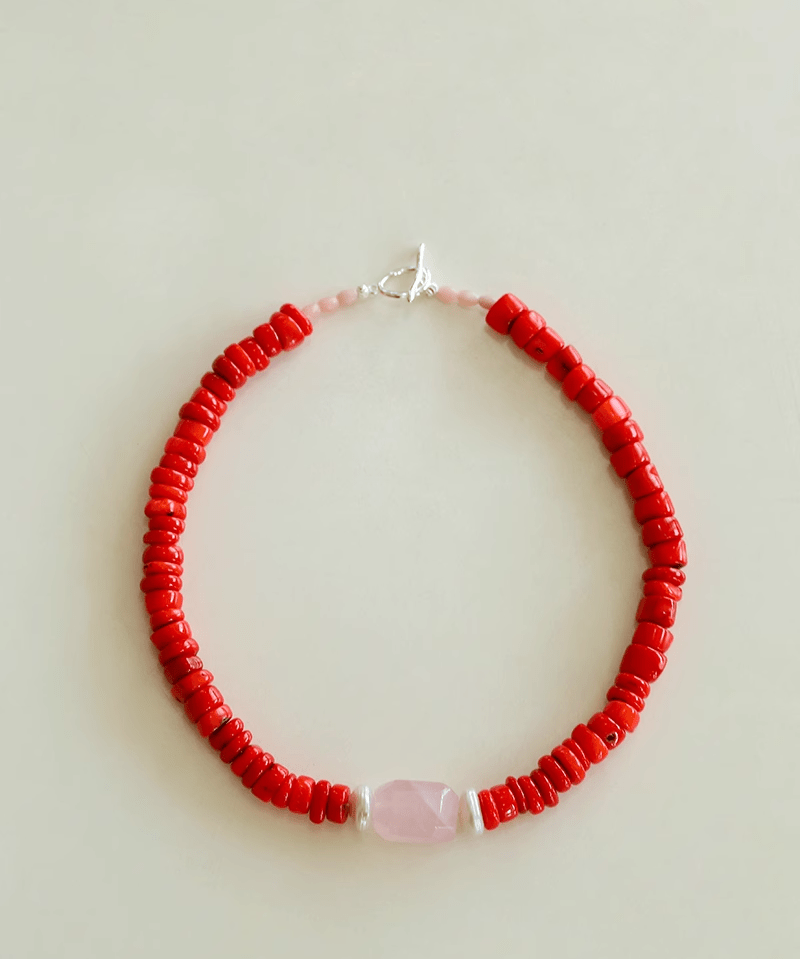 Crimson Coral & Pink Quartz Pearl Beaded Necklace - floysun