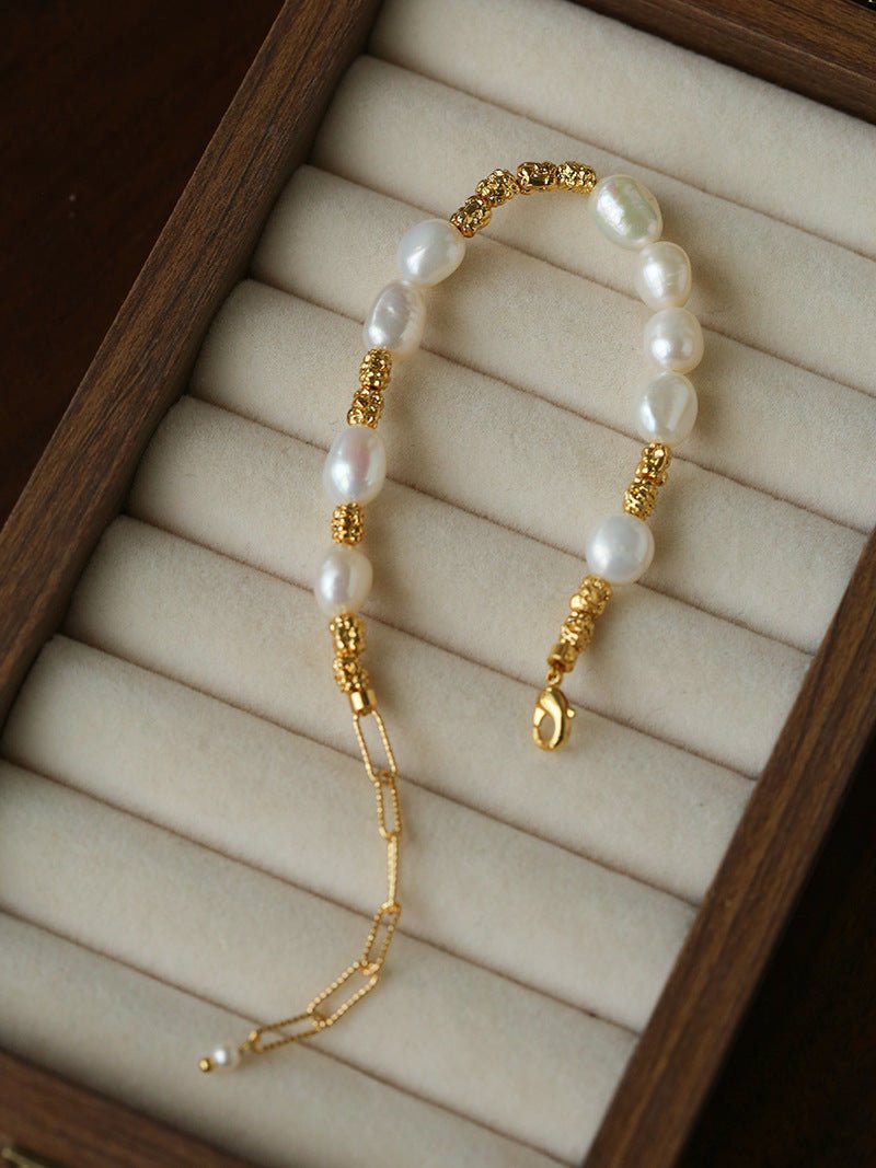 Crinkled Metal Link Smooth Freshwater Pearl Adjustable Wrist Bracelet - floysun