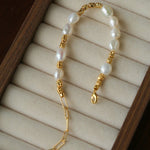 Crinkled Metal Link Smooth Freshwater Pearl Adjustable Wrist Bracelet - floysun