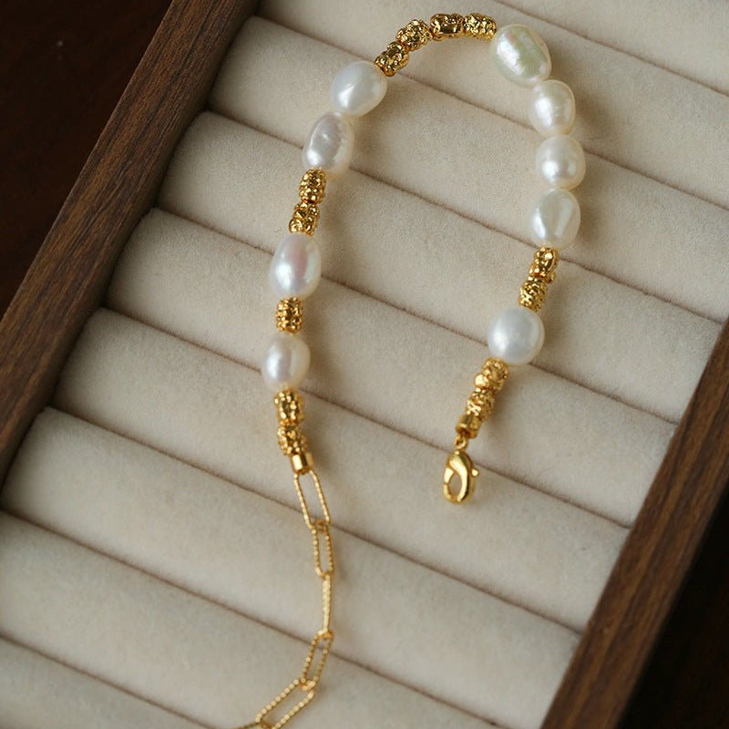 Crinkled Metal Link Smooth Freshwater Pearl Adjustable Wrist Bracelet - floysun