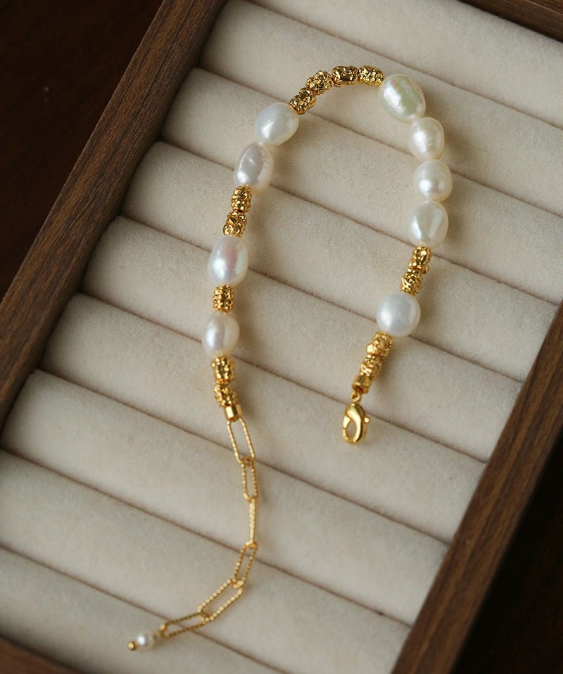 Crinkled Metal Link Smooth Freshwater Pearl Adjustable Wrist Bracelet - floysun