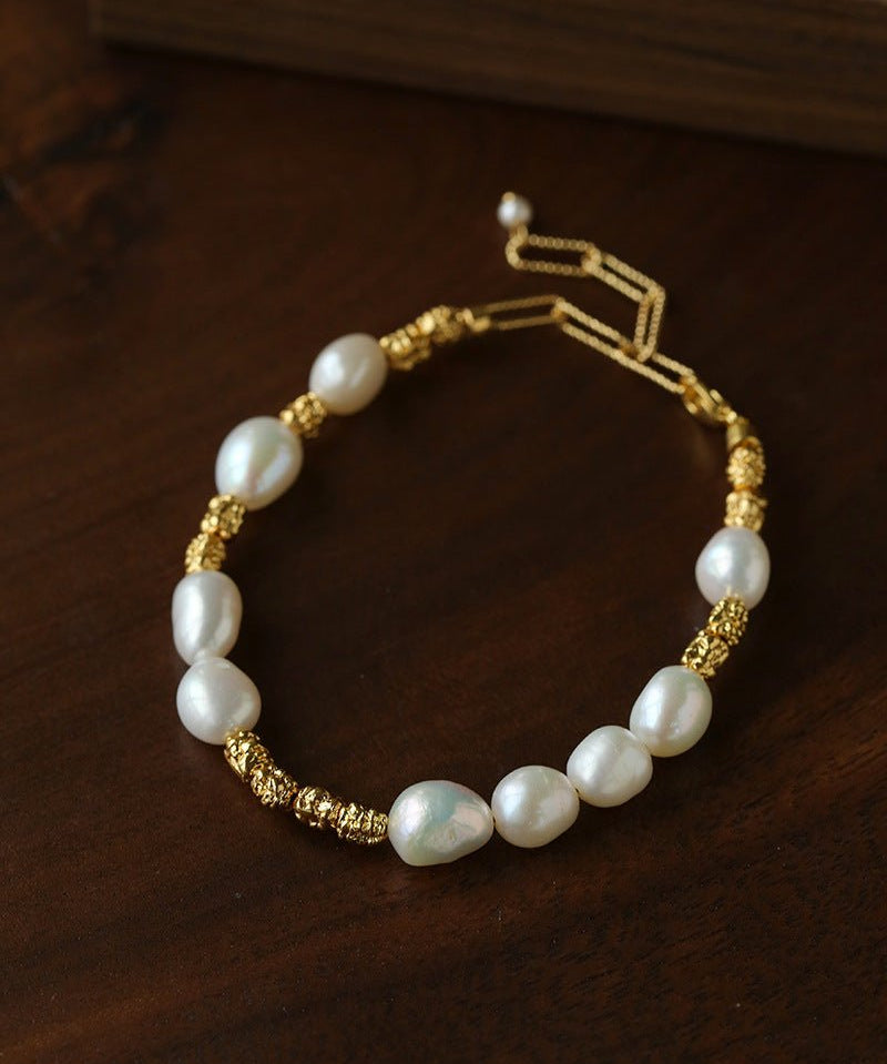 Crinkled Metal Link Smooth Freshwater Pearl Adjustable Wrist Bracelet - floysun
