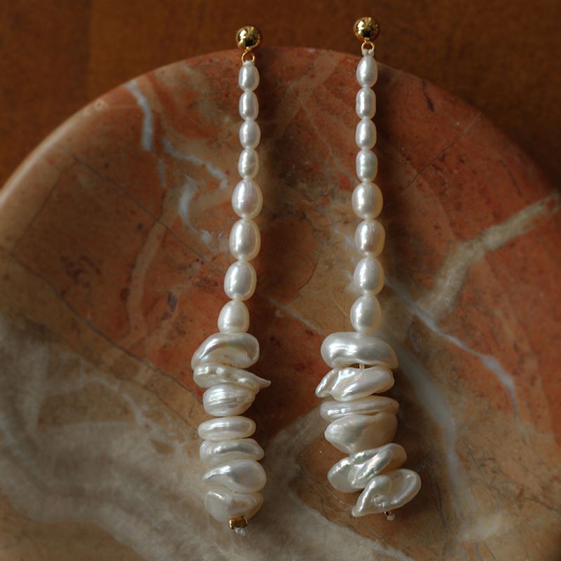 Crushed Baroque Pearl Long Drop Earrings - floysun