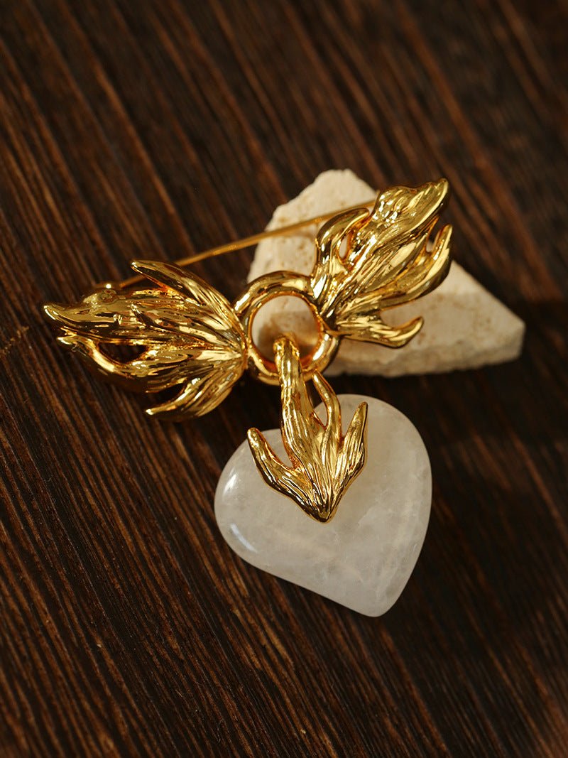 Crystal Heart Flame Wing Brooch - floysun