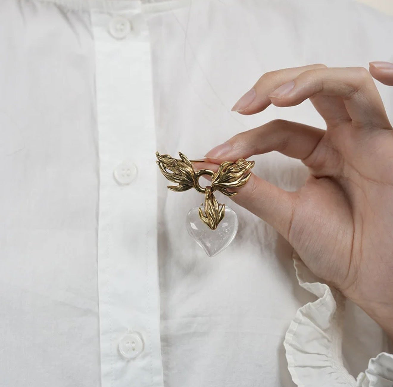 Crystal Heart Flame Wing Brooch - floysun