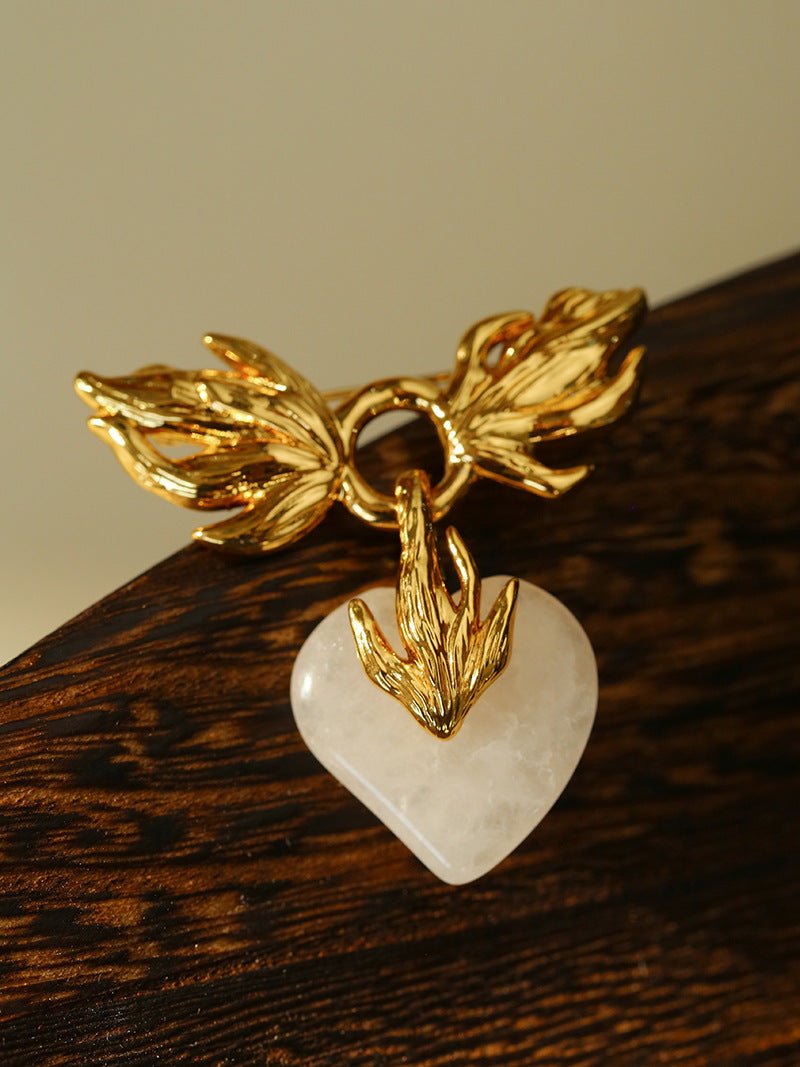 Crystal Heart Flame Wing Brooch - floysun