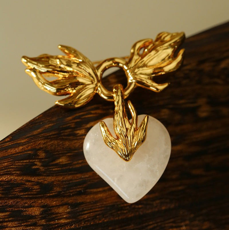 Crystal Heart Flame Wing Brooch - floysun