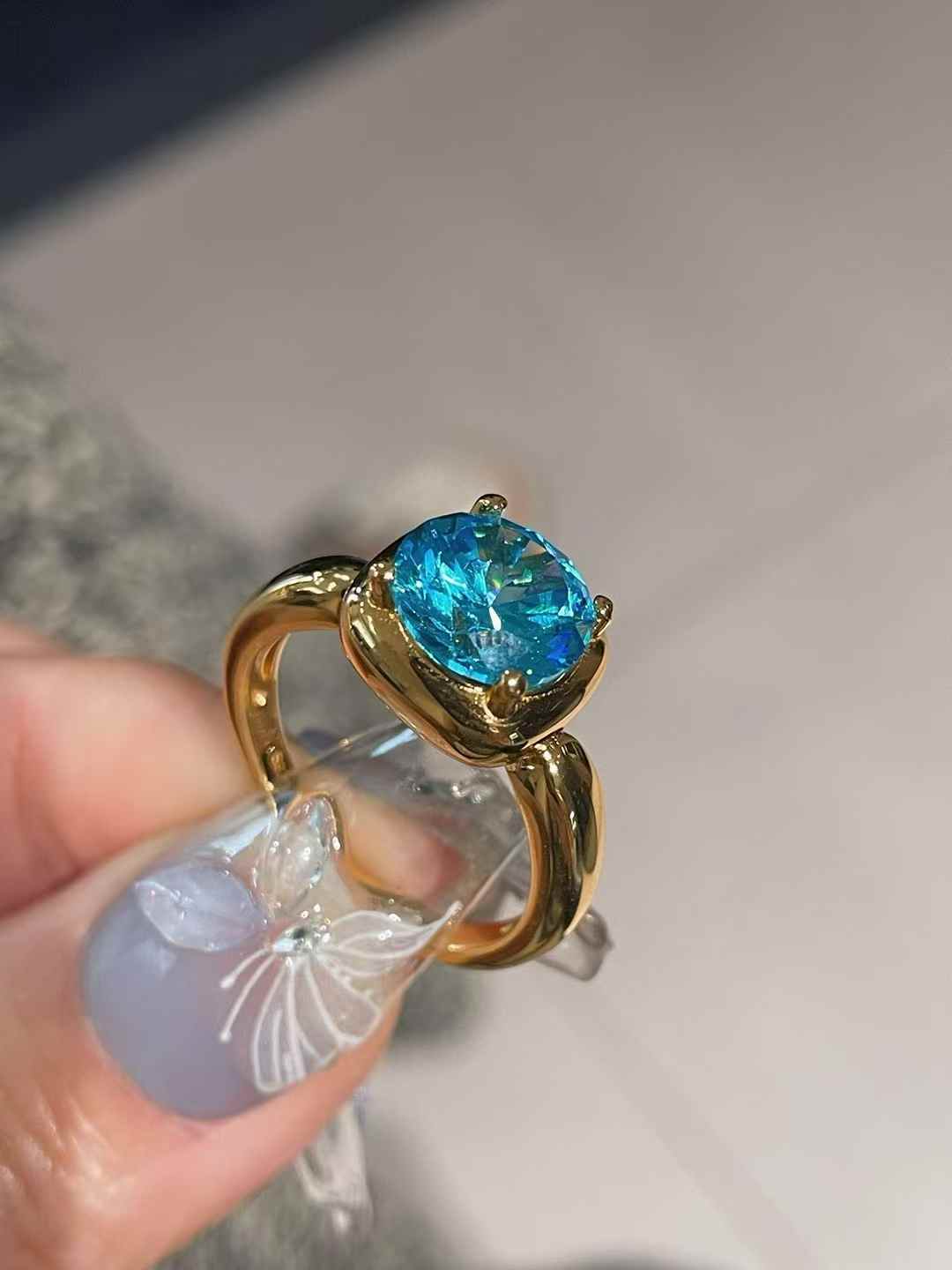 Cushion Bezel Set Synthetic Aquamarine Solitaire Ring - floysun