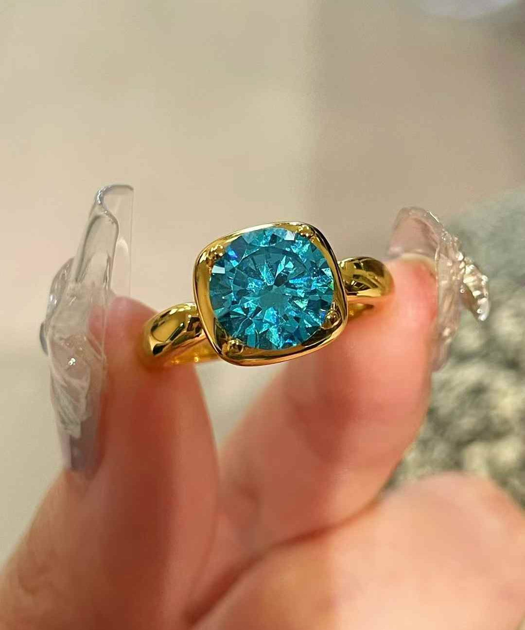 Cushion Bezel Set Synthetic Aquamarine Solitaire Ring - floysun