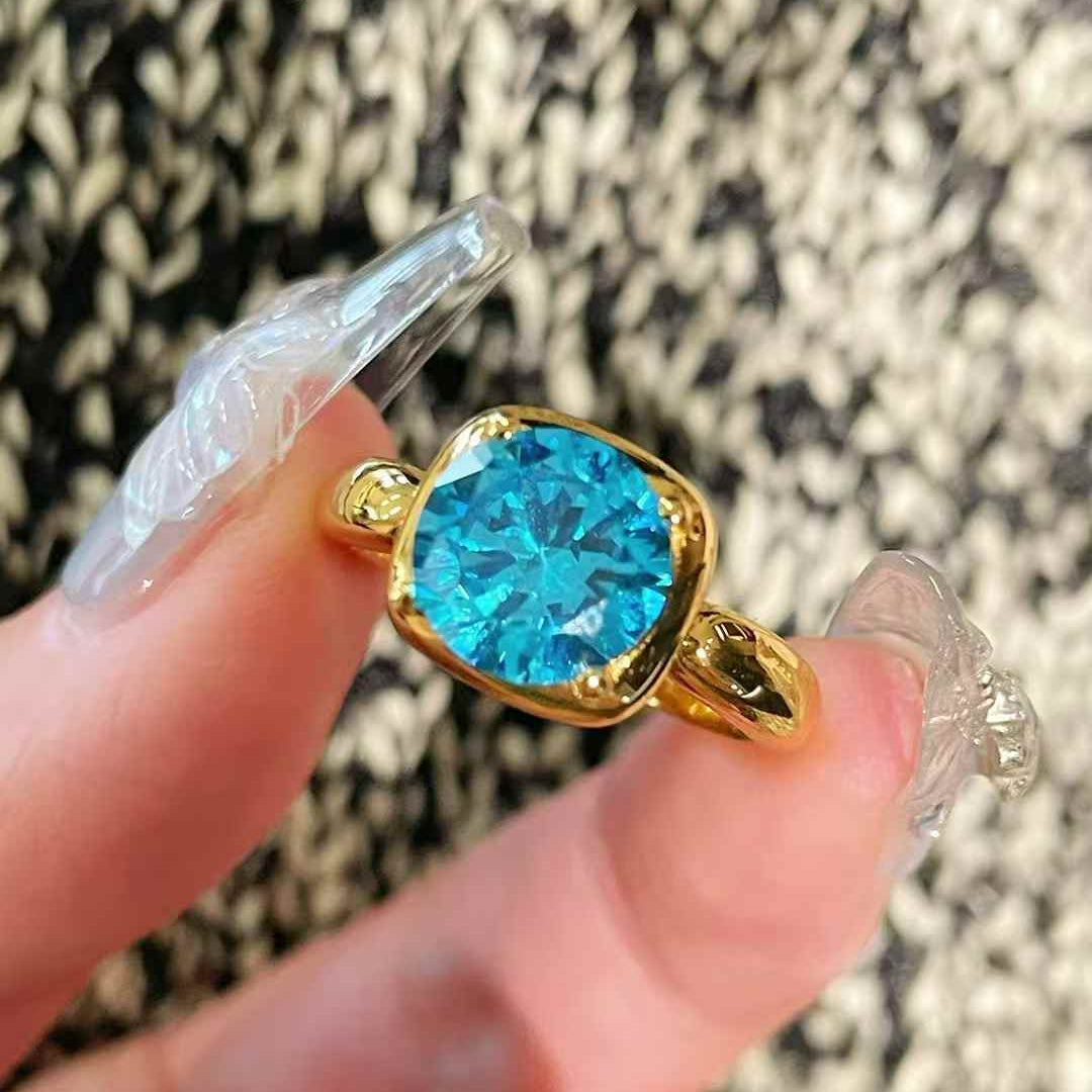 Cushion Bezel Set Synthetic Aquamarine Solitaire Ring - floysun