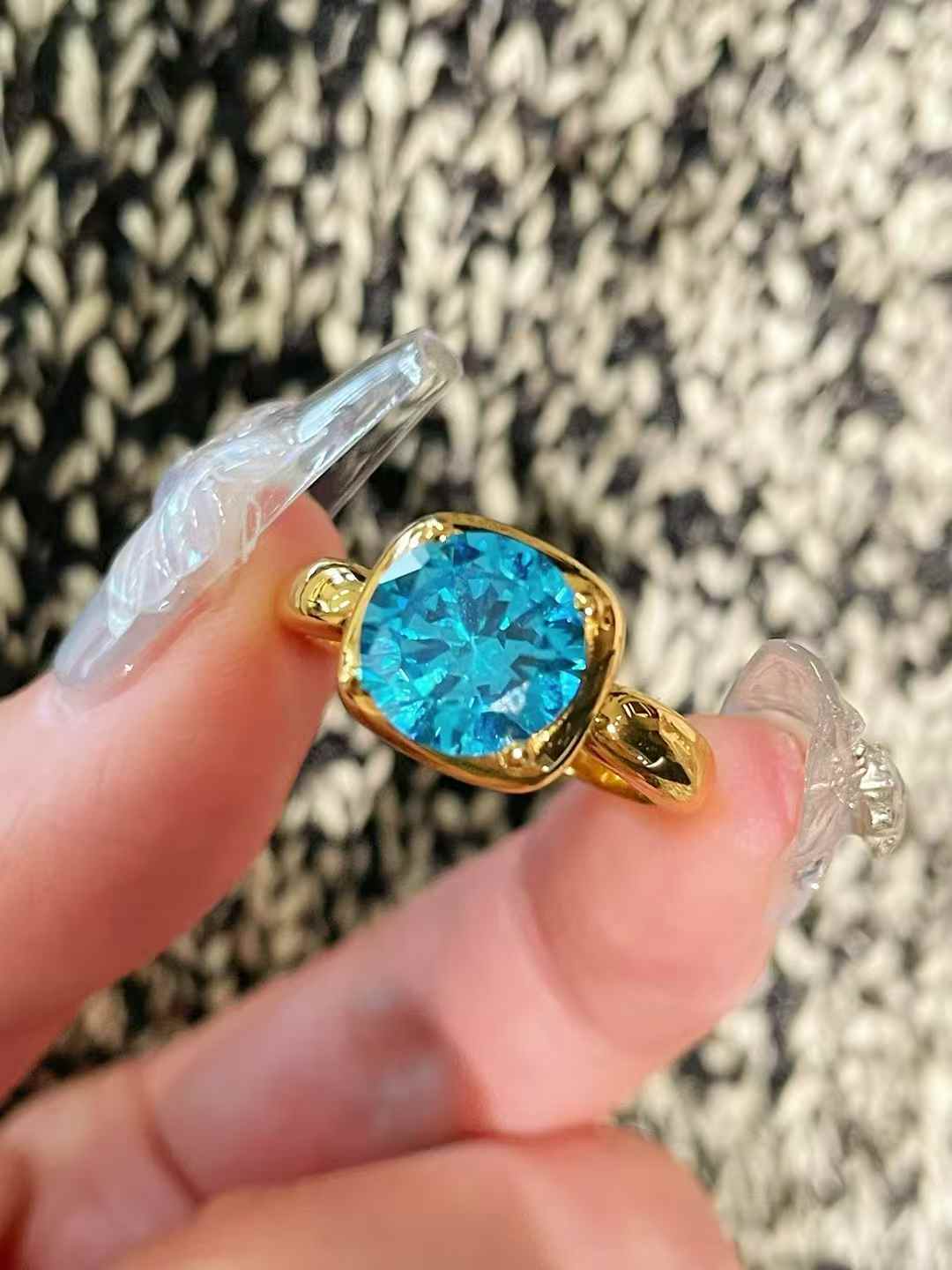 Cushion Bezel Set Synthetic Aquamarine Solitaire Ring - floysun