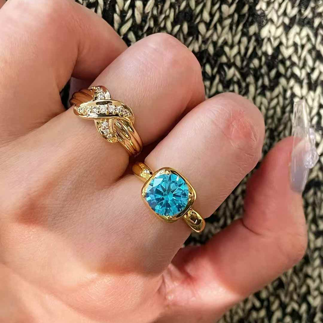 Cushion Bezel Set Synthetic Aquamarine Solitaire Ring - floysun