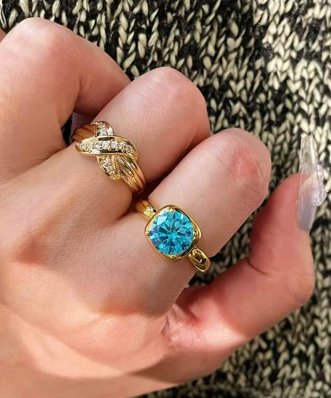 Cushion Bezel Set Synthetic Aquamarine Solitaire Ring - floysun