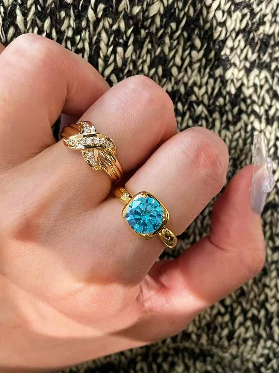Cushion Bezel Set Synthetic Aquamarine Solitaire Ring - floysun