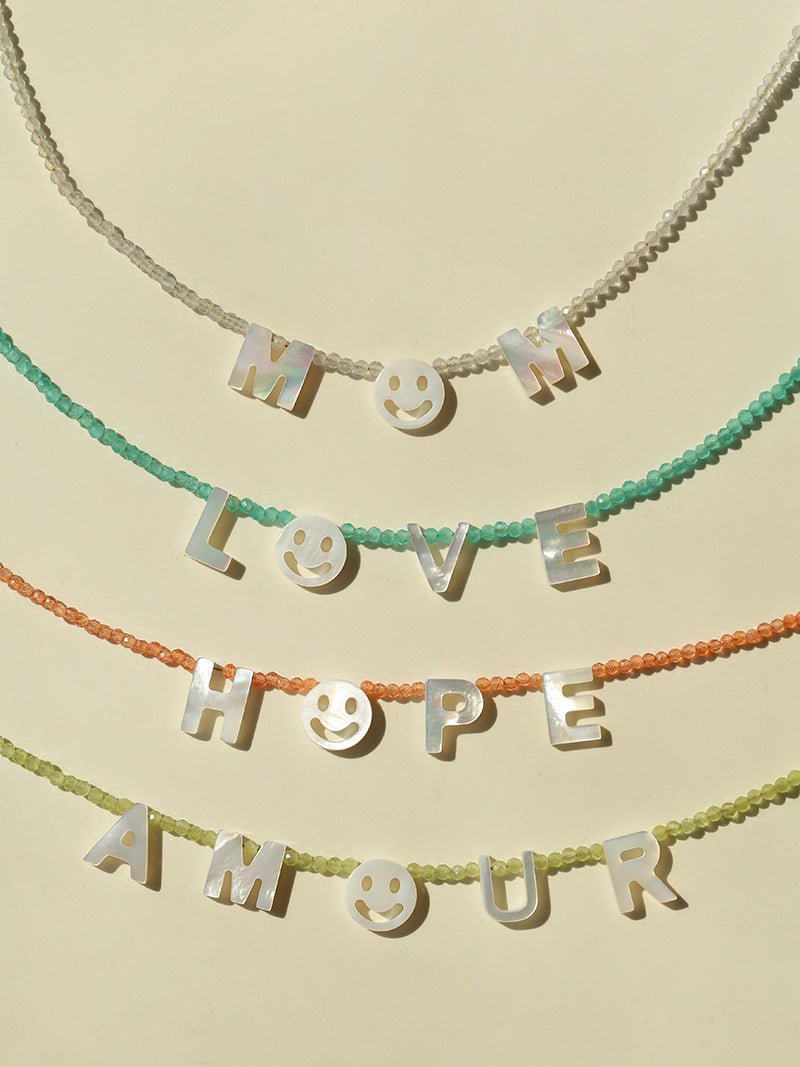 Customizable Smile Face Cat's Eye & Mother - of - Pearl Letter Necklace - floysun