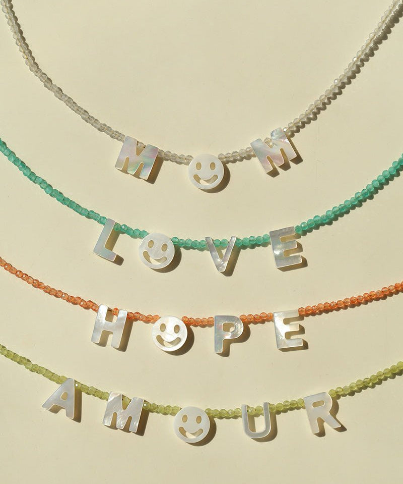 Customizable Smile Face Cat's Eye & Mother - of - Pearl Letter Necklace - floysun