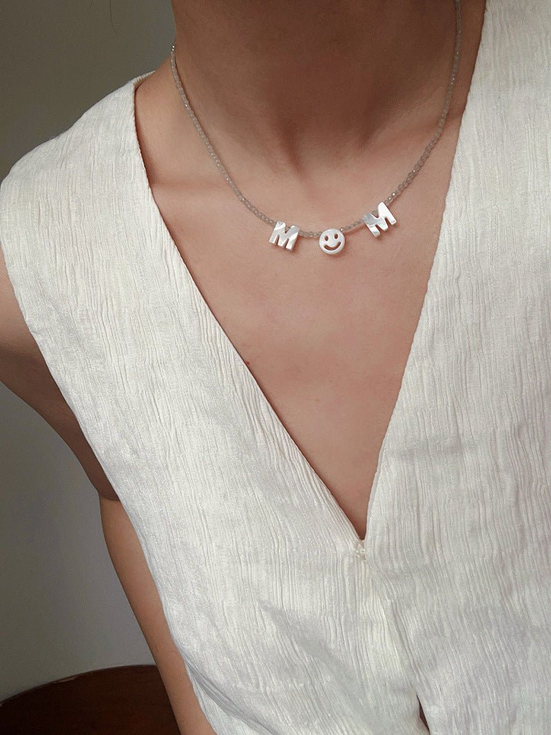 Customizable Smile Face Cat's Eye & Mother - of - Pearl Letter Necklace - floysun