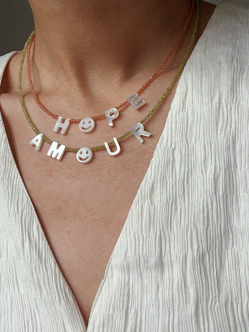 Customizable Smile Face Cat's Eye & Mother - of - Pearl Letter Necklace - floysun
