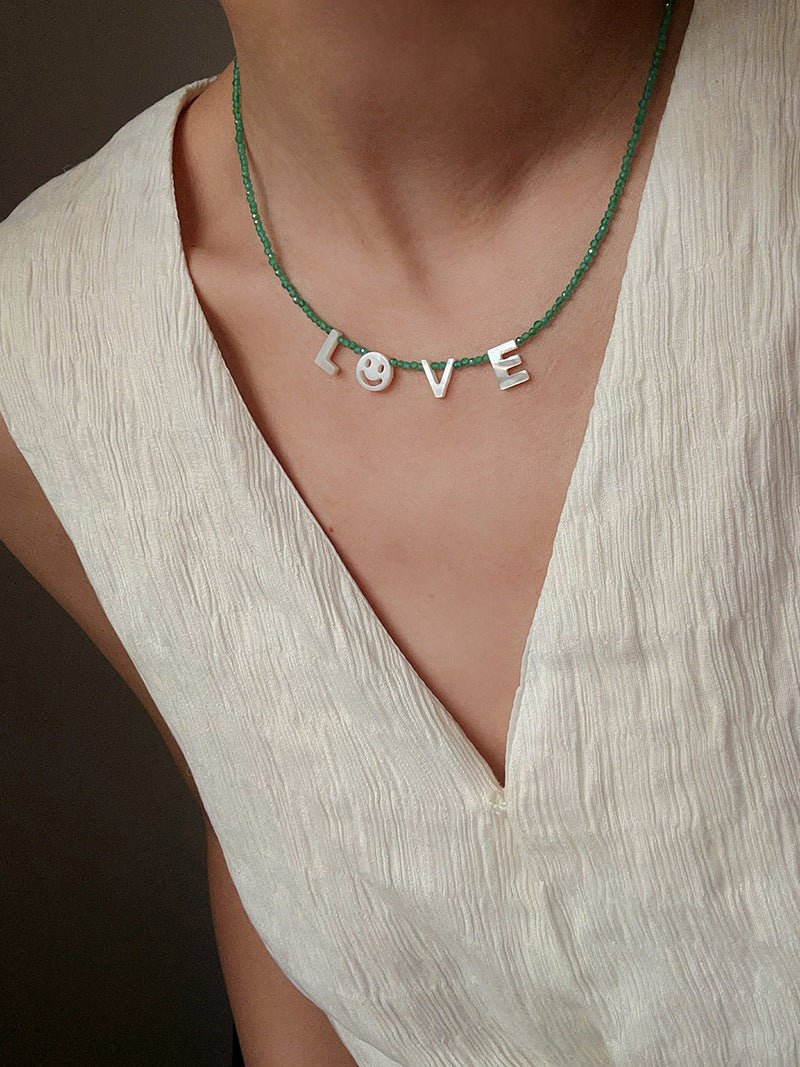 Customizable Smile Face Cat's Eye & Mother - of - Pearl Letter Necklace - floysun