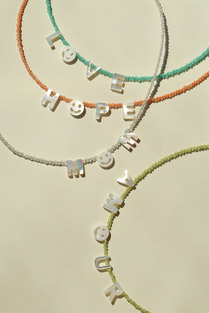 Customizable Smile Face Cat's Eye & Mother - of - Pearl Letter Necklace - floysun