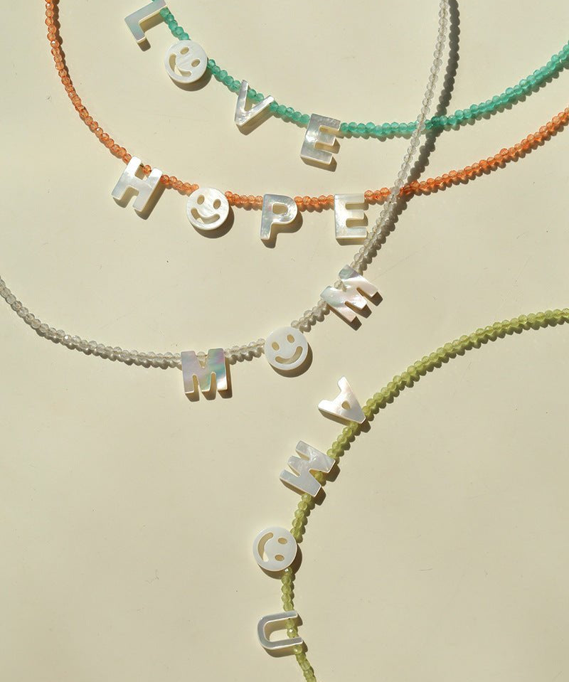 Customizable Smile Face Cat's Eye & Mother - of - Pearl Letter Necklace - floysun