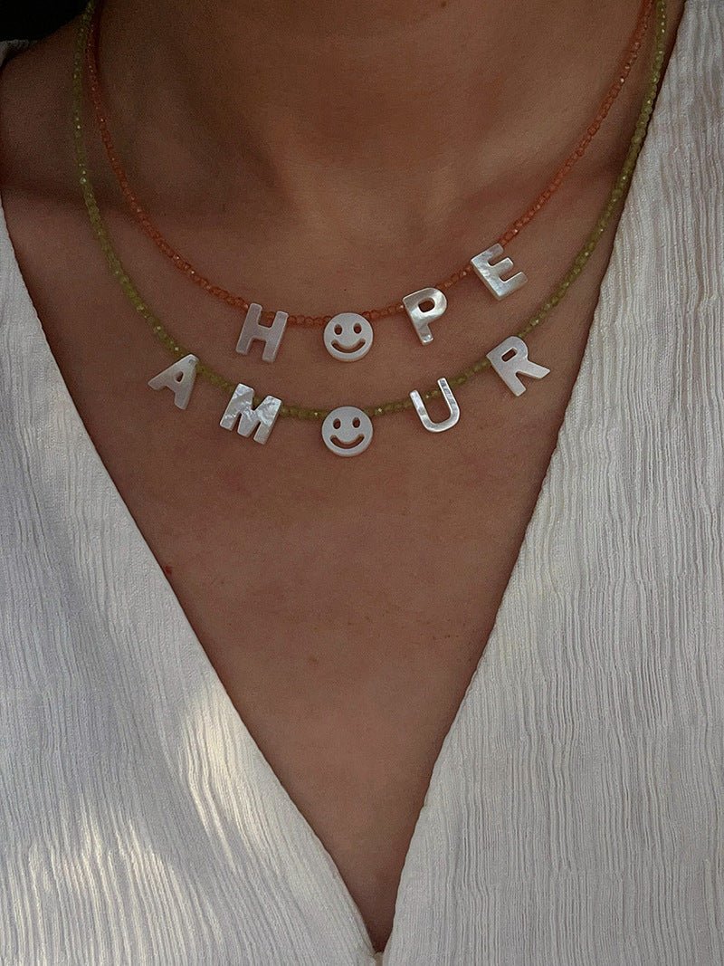 Customizable Smile Face Cat's Eye & Mother - of - Pearl Letter Necklace - floysun