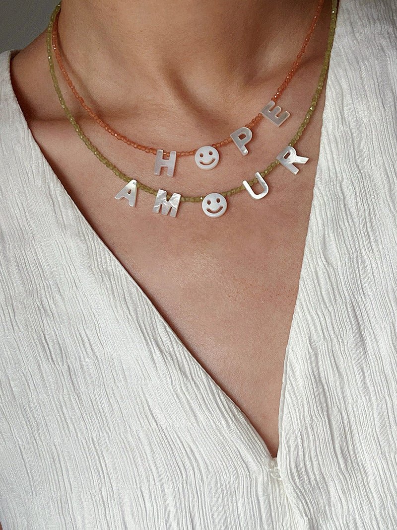 Customizable Smile Face Cat's Eye & Mother - of - Pearl Letter Necklace - floysun