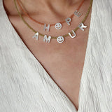 Customizable Smile Face Cat's Eye & Mother - of - Pearl Letter Necklace - floysun