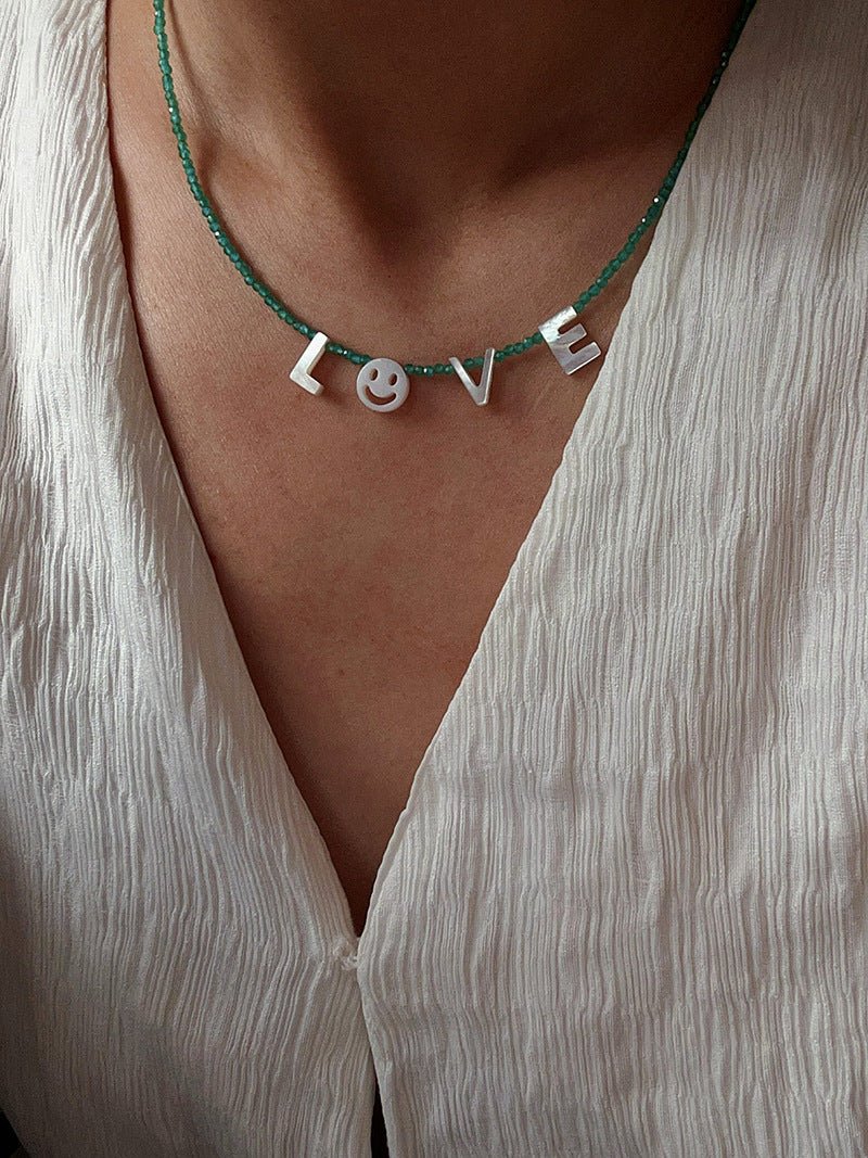 Customizable Smile Face Cat's Eye & Mother - of - Pearl Letter Necklace - floysun