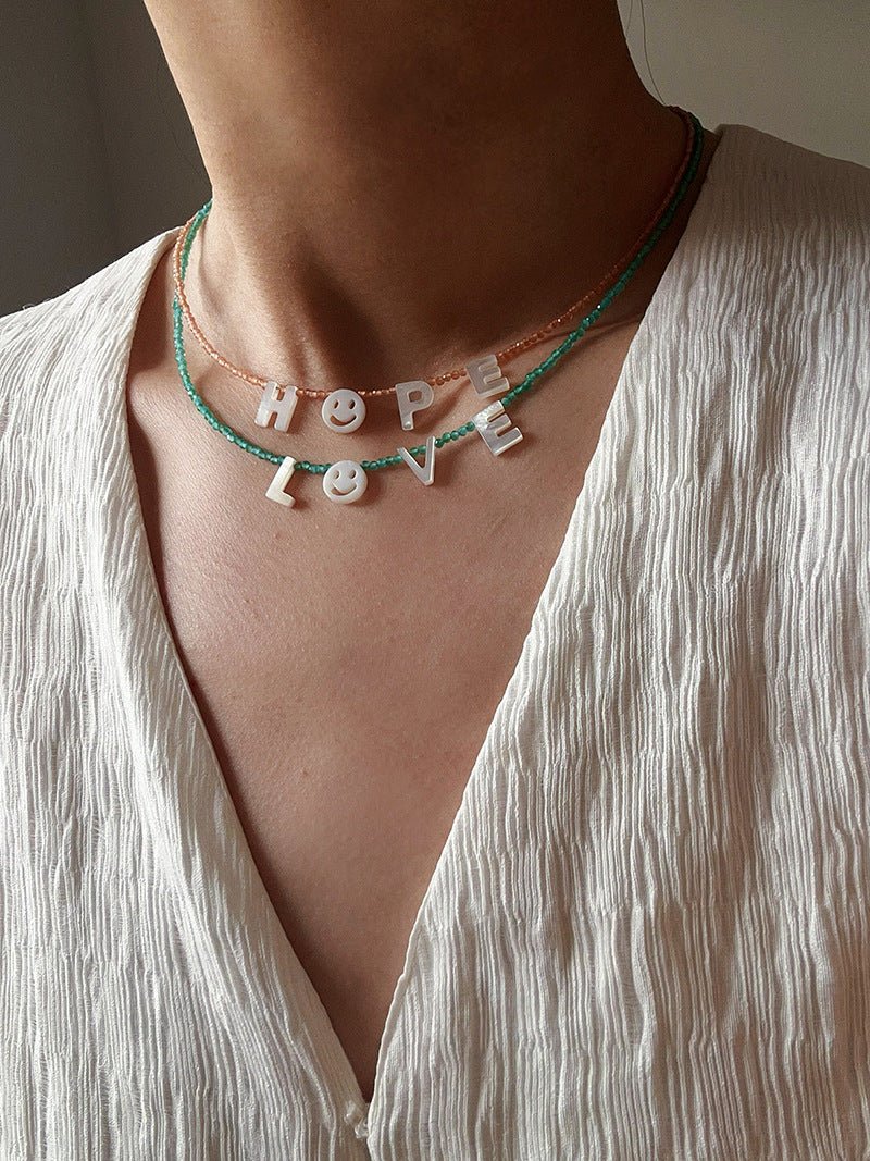 Customizable Smile Face Cat's Eye & Mother - of - Pearl Letter Necklace - floysun