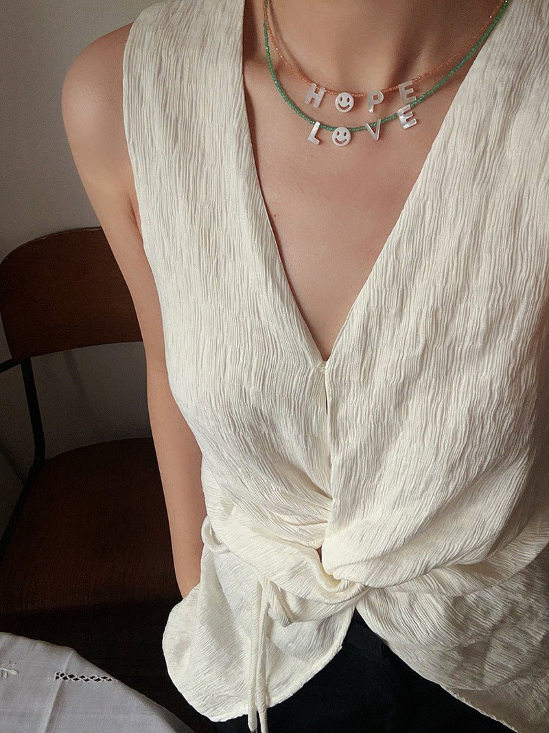 Customizable Smile Face Cat's Eye & Mother - of - Pearl Letter Necklace - floysun