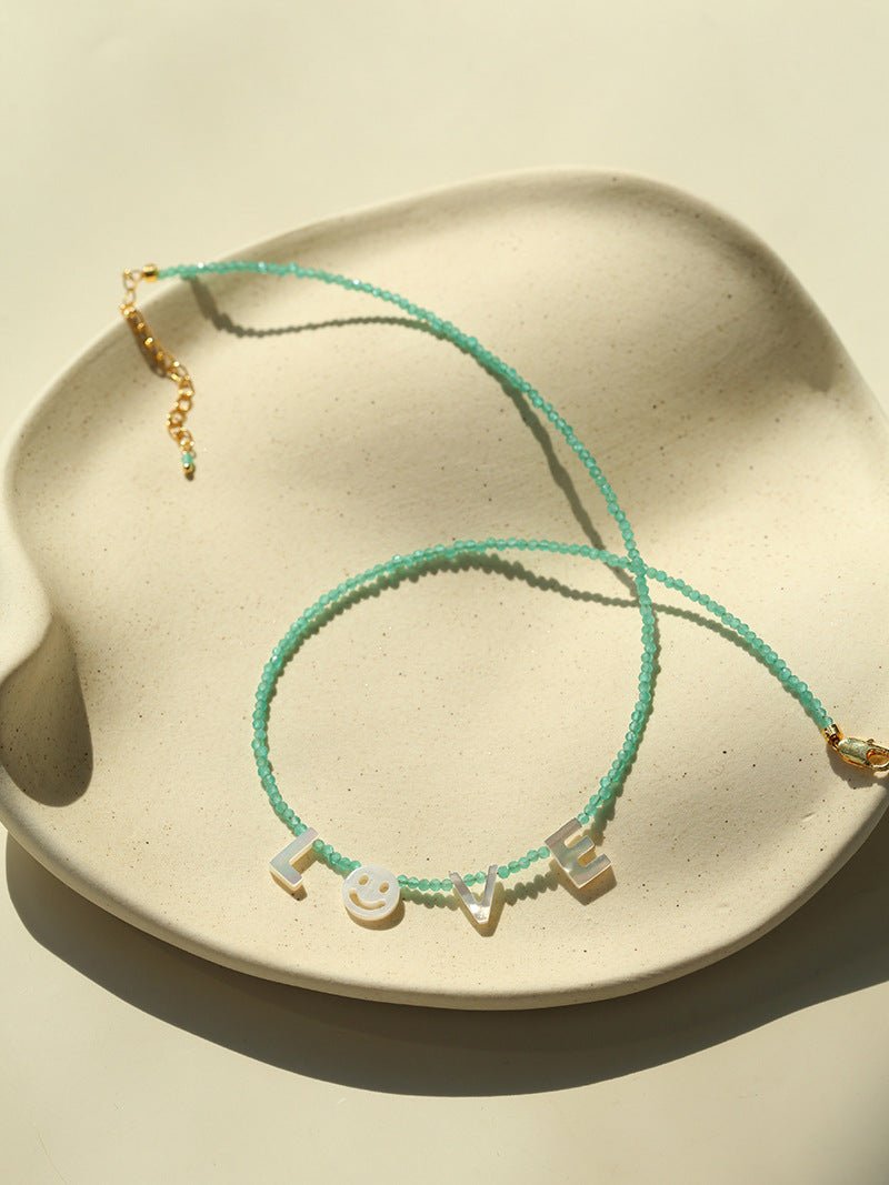 Customizable Smile Face Cat's Eye & Mother - of - Pearl Letter Necklace - floysun