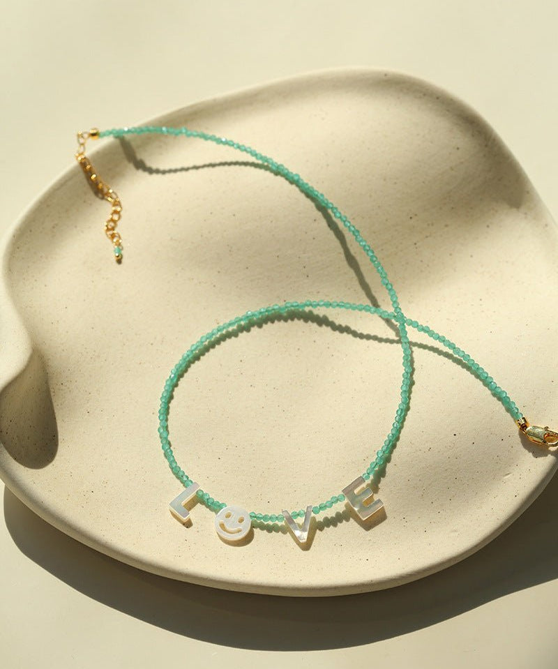 Customizable Smile Face Cat's Eye & Mother - of - Pearl Letter Necklace - floysun