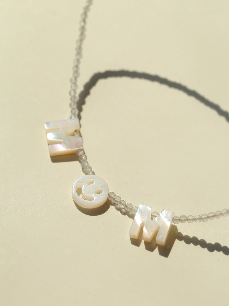 Customizable Smile Face Cat's Eye & Mother - of - Pearl Letter Necklace - floysun