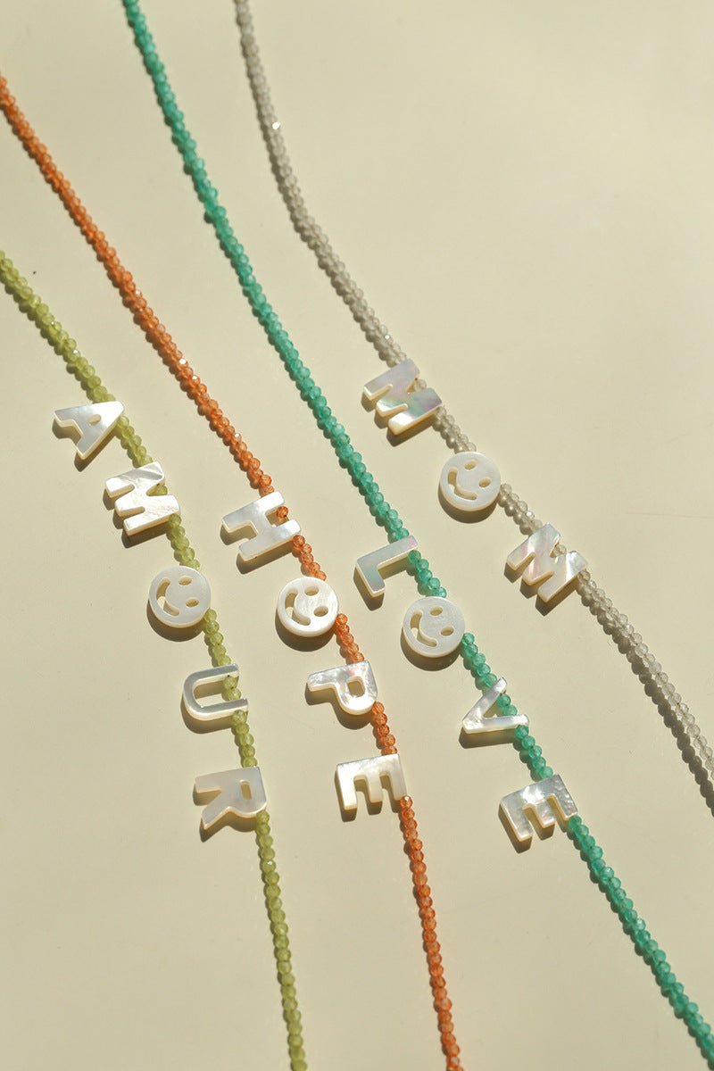 Customizable Smile Face Cat's Eye & Mother - of - Pearl Letter Necklace - floysun